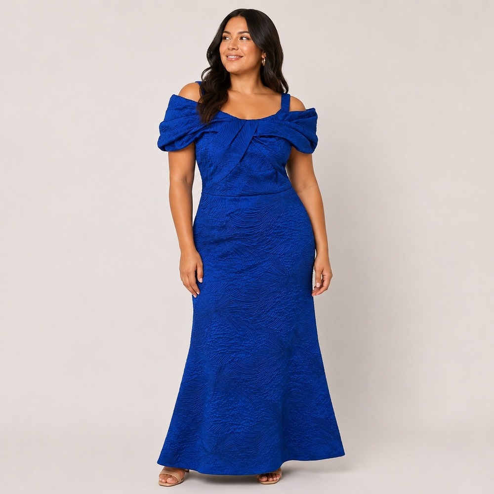 Teri Jon Rickie Freeman Blue Jacquard Off Shoulder Bow Gown Dress Italy 16